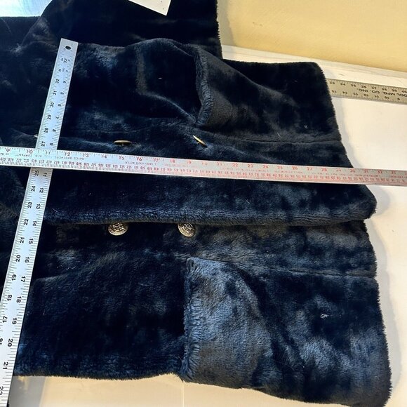 Vintage Womens Black Faux Fur Jacket Fleur de lis Buttons Coat Satin Medium - Picture 4 of 13